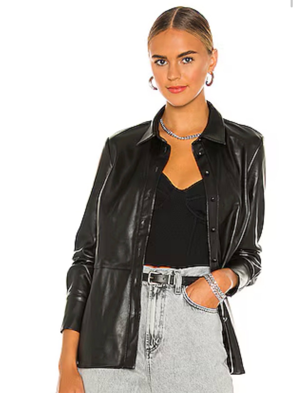 Revolve Black Faux Leather Button-Front Shirt Jacket
